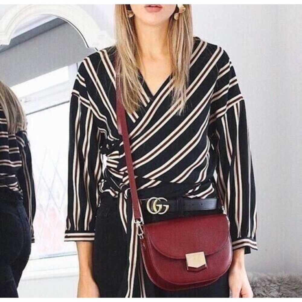Zara Basic Collection Womens Blouse Wrap Size XS Red Blue Cream Tie Front - Picture 1 of 8